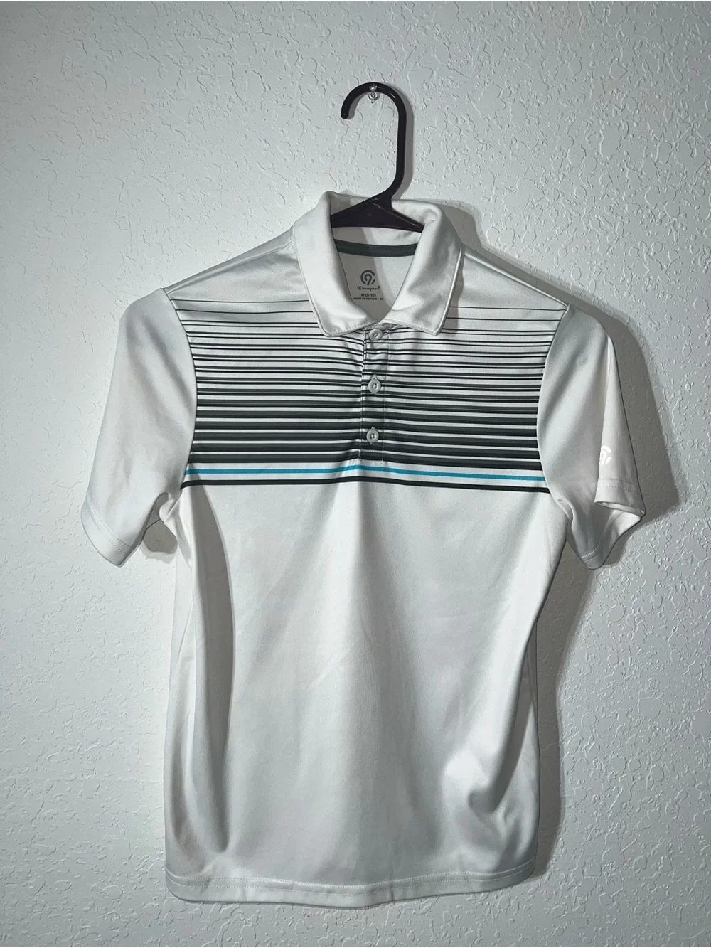 Champion White Polo with Black Stripes and Teal Accent